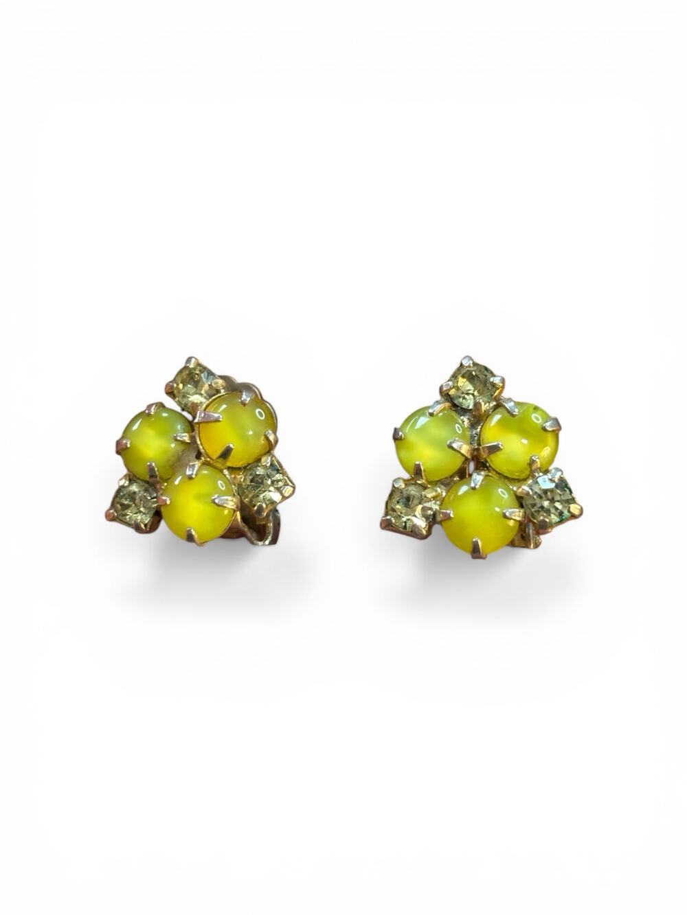 Vintage Chartreuse Rhinestone Cluster Clip On Earrings Yellow Green Mid Century